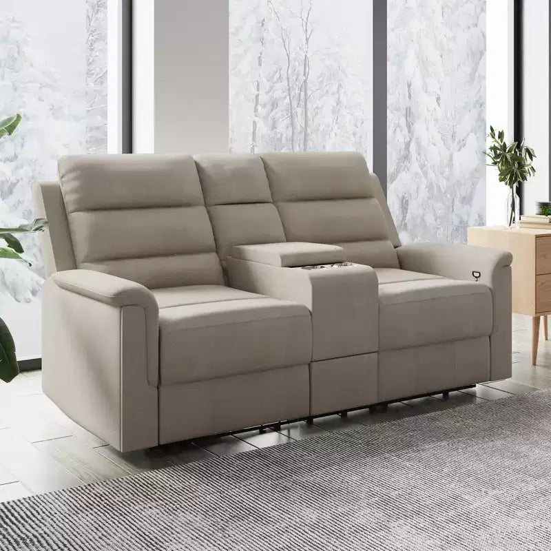Divanetto reclinabile in tessuto tecnico beige/grigio, 2 posti, con schienale e poggiapiedi regolabili