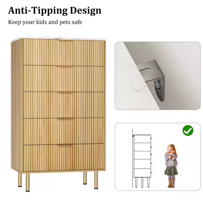 Weiß / Marmor und Holz, Kommode mit 5 Schubladen – geriffelte Front, für 1 Person