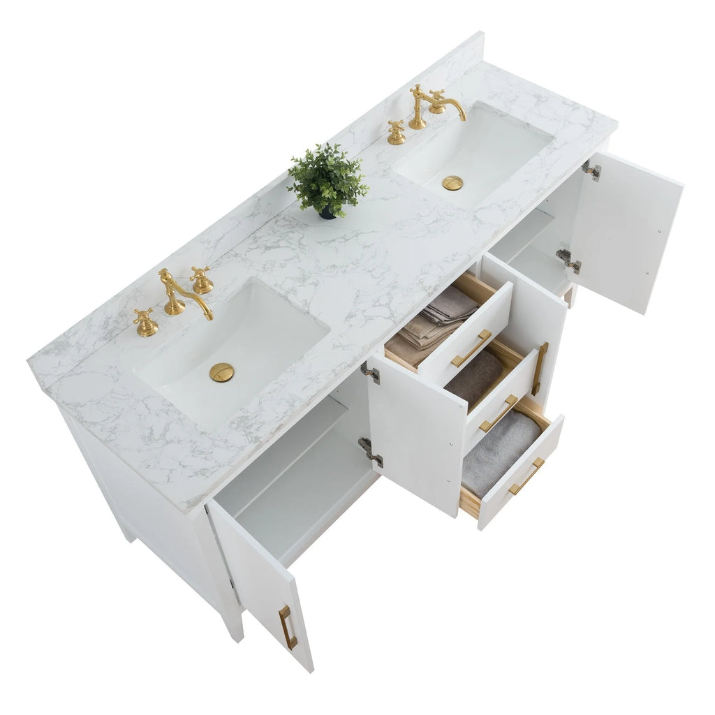 Vanity Art 72 Double Sink Bathroom Vanity Cabinet with Engineered Marble Top