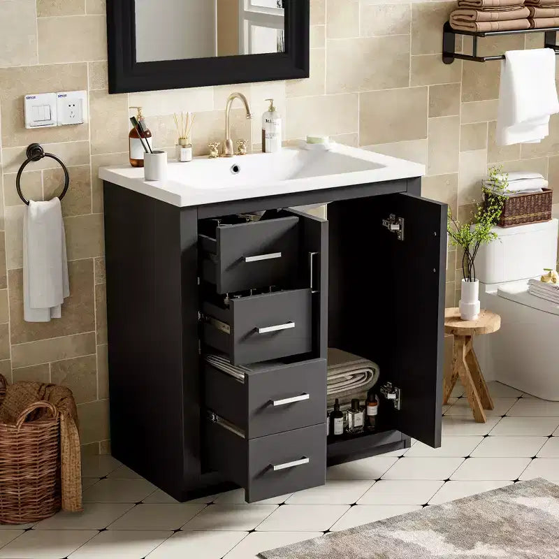 Mobile bagno da 30" con lavabo singolo, armadietto e 3 cassetti – Nero / Blu / Verde / Indaco / Bianco
