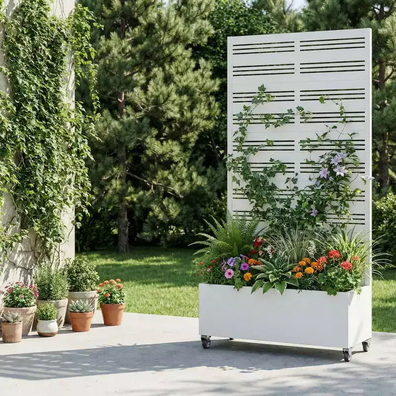 MAYEERTY Бяла правоъгълна саксия от ковано желязо с решетка (Harold Wide-Narrow B Louvered), 72x35x16, 5 части градински декор за вътрешна и външна употреба