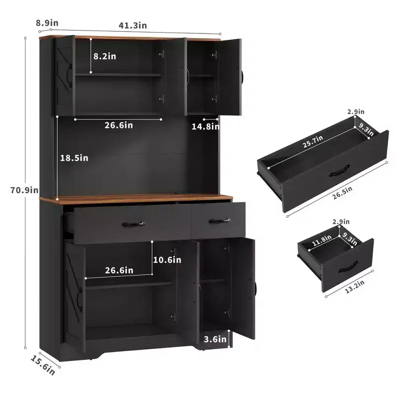 Keukenvoorraadkast van 71 inch met laadstation, groot aanrechtblad, magnetronstandaard en 2 laden, vitrinekastopbergruimte voor eetkamer en woonkamer