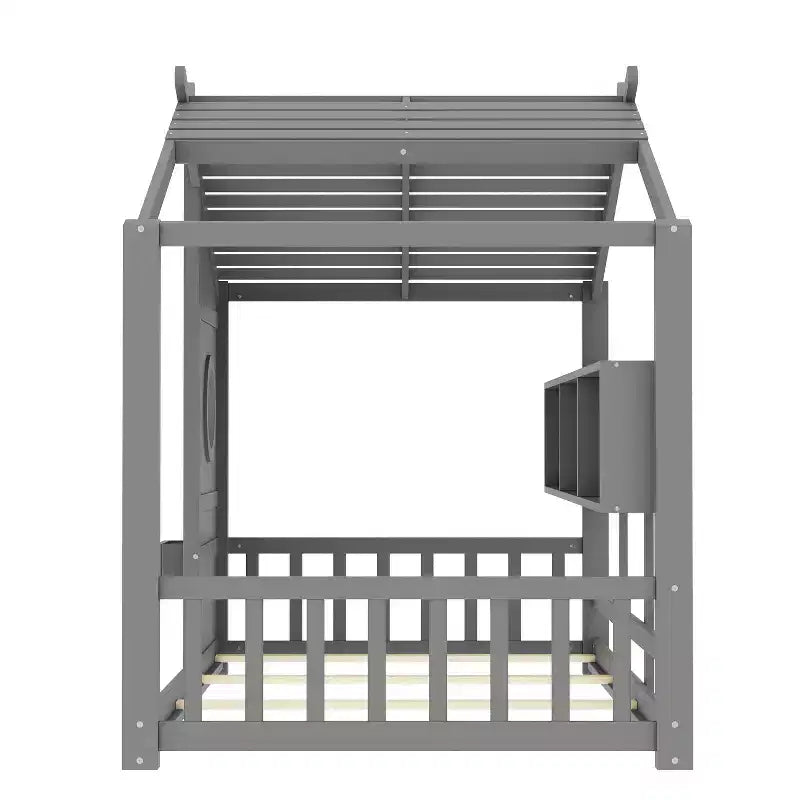 Huisvormig platformbed voor eenpersoonsbed/tweepersoonsbed, peuter-vloerbed, Montessori-kinderbed en speelhuisbed met opbergplank - ModernLuxe