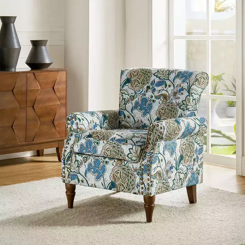 Araceli traditionele houten bloemenfauteuil met bekleding, hoge rugleuning en sierspijkerrand| ART OF LIVING DESIGNS