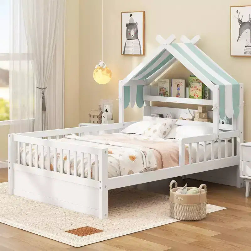 Letto a casetta in legno ModernLuxe per letto singolo/matrimoniale con testiera contenitore, struttura letto per bambini in pino massello con sponde di sicurezza