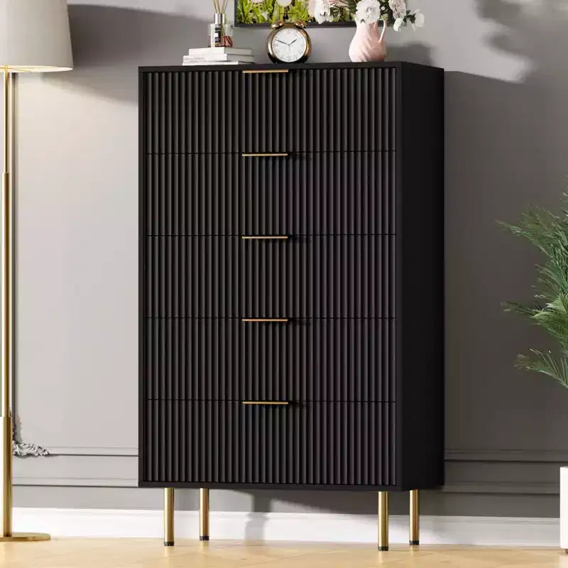 Weiß / Marmor und Holz, Kommode mit 5 Schubladen – geriffelte Front, für 1 Person