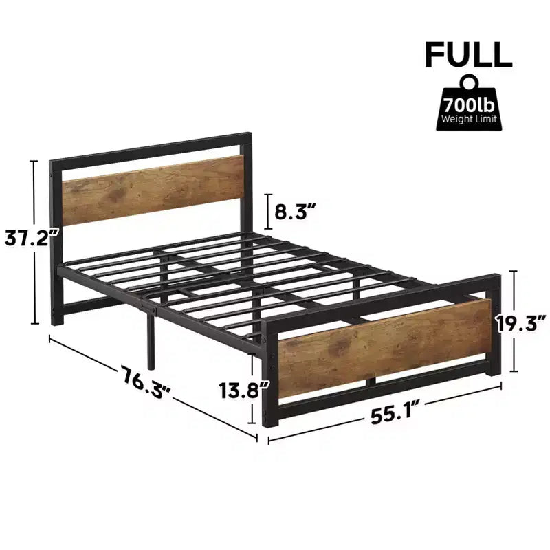Qafas ta’ sodda heavy-duty b’headboard u footboard, pjattaforma tal-metall b’ħażna ta’ 13.8, mingħajr storbju u assemblaġġ mingħajr għodda, kannella vintage