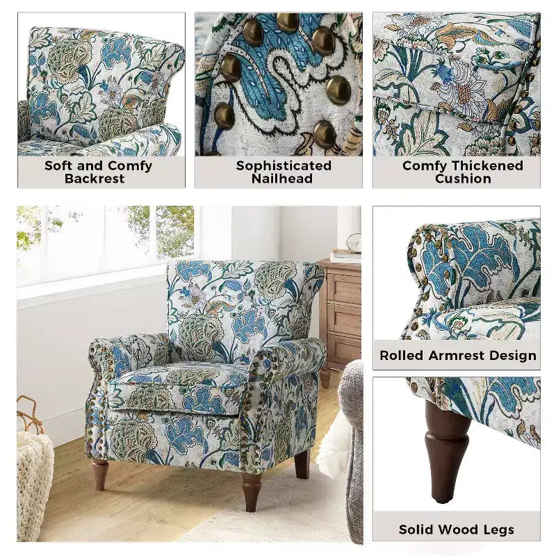 Araceli traditionele houten bloemenfauteuil met bekleding, hoge rugleuning en sierspijkerrand| ART OF LIVING DESIGNS