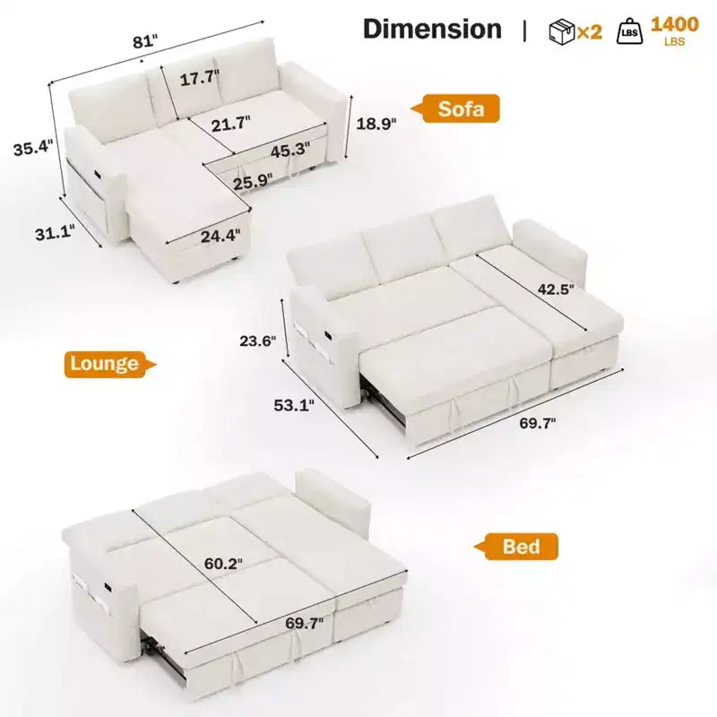 Divano letto estraibile 2-in-1 con chaise longue contenitore, divano componibile in ciniglia con porte USB per il soggiorno