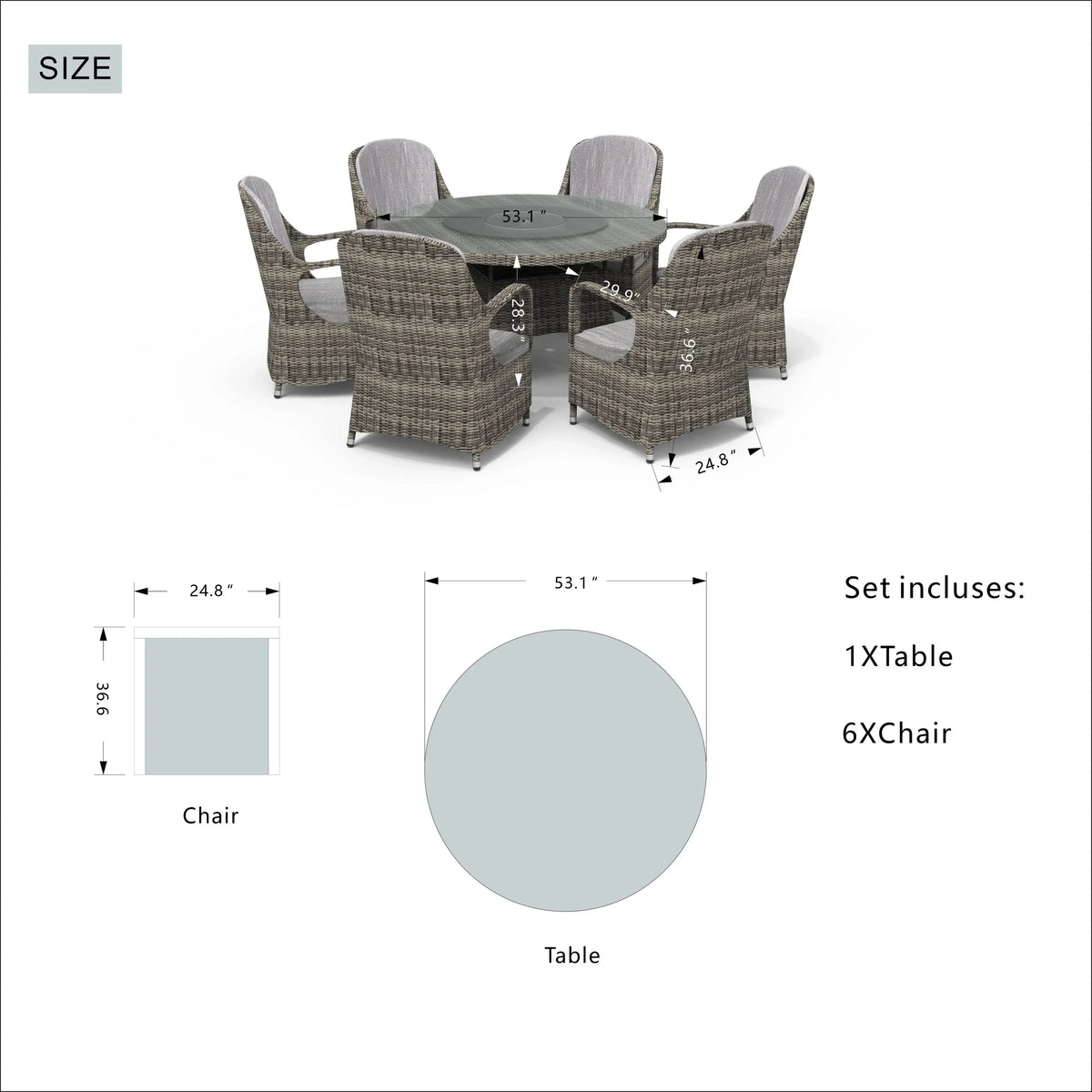 7-delige ronde eetset van rotan voor buiten op het terras, met kussens, van Moda Furnishings