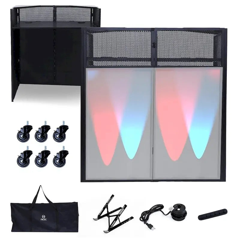 Portable DJ Booth Table Set with Integrated Lighting Scrims, Sturdy Carry Case, and Compact 40x20 inch Dimensions