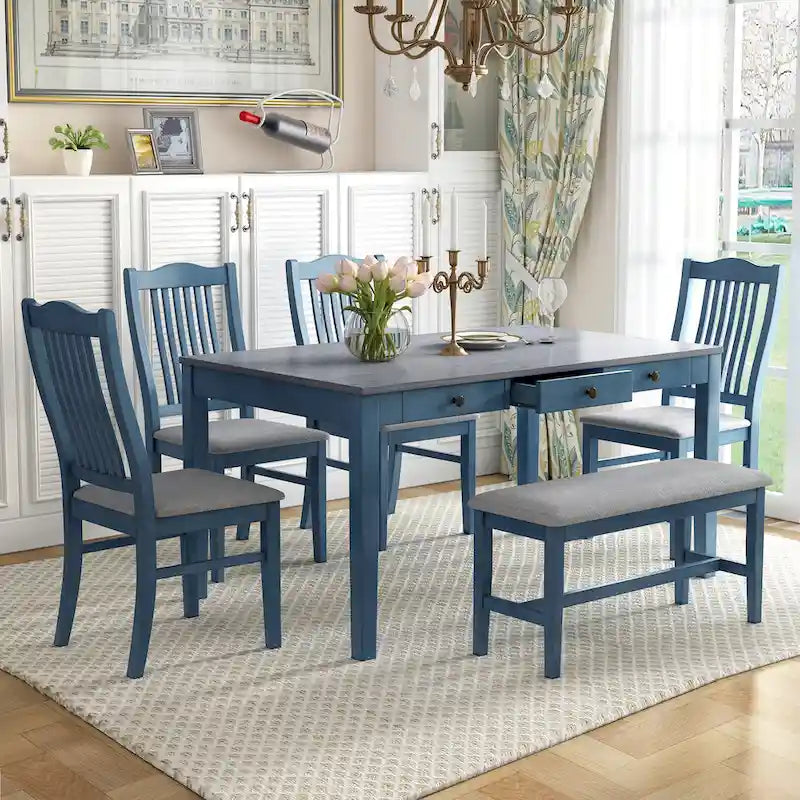 Set da pranzo in legno da 6 pezzi con 4 sedie e panca, tavolo con cassetto