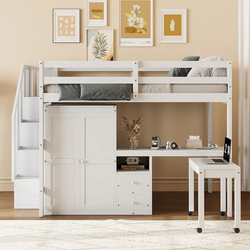 Letto a soppalco matrimoniale con scale, libreria, scrivania e guardaroba, mobile multifunzionale salvaspazio per bambini e ragazzi - bianco
