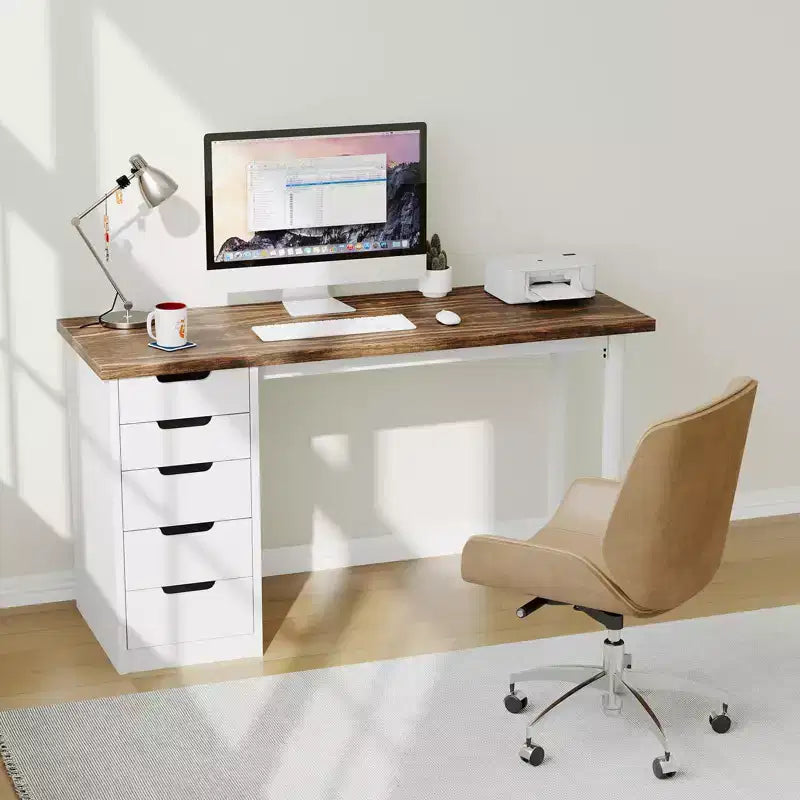 Scrivania per computer da 47 pollici con 5 cassetti portaoggetti, tavolo moderno rustico reversibile da studio e scrittura, postazione per ufficio domestico per piccoli spazi