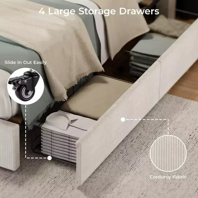 CuisinSmart-Bettgestell aus Cord mit Kopfteil, gepolstertes Podestbett mit 4 Aufbewahrungsschubladen und Lattenrost aus Holz