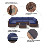 7-delige outdoor loungeset van vlechtwerk en staal met kussens