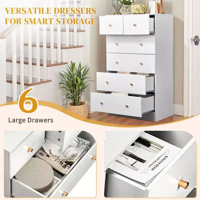 Karl Home grote ladekast met 6 laden voor de slaapkamer, stevige houten opberger voor kledingkast, wit
