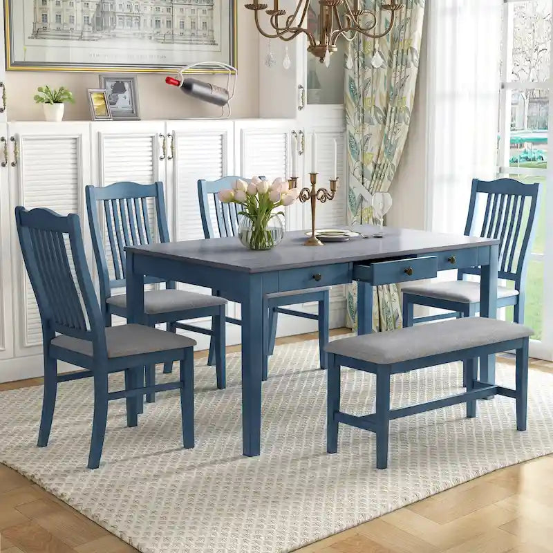 Set da pranzo in legno da 6 pezzi con 4 sedie e panca, tavolo con cassetto