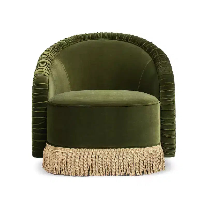 Jennifer Taylor Home Serena 31,5-inch gecapitonneerde accentfauteuil met ronde rugleuning en goudfranjes, olijfgroen prestatiefluweel