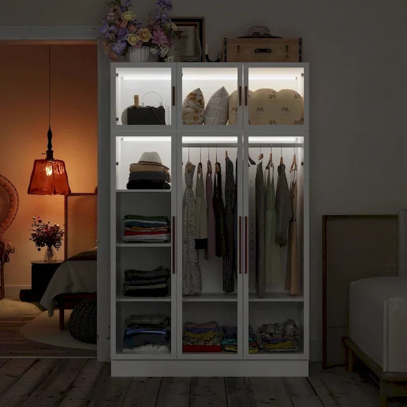 Armadio guardaroba largo 47.2 con luce LED, ante completamente in vetro e vani contenitori