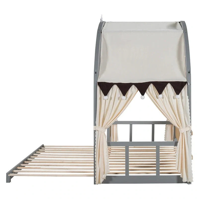 Letto Montessori a piattaforma in legno massello a forma di casetta, con tetto ad arco e letto estraibile, per bambine e bambini