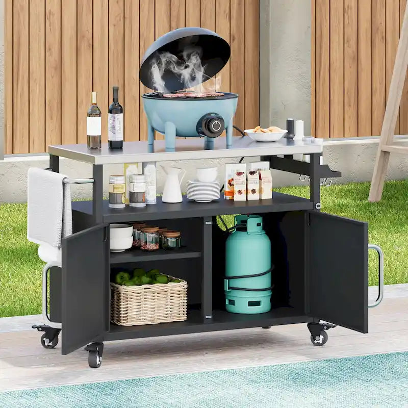 Isola da cucina per esterni con piano in acciaio inox, tavolo carrello per barbecue in metallo con mobiletto contenitore - N/A