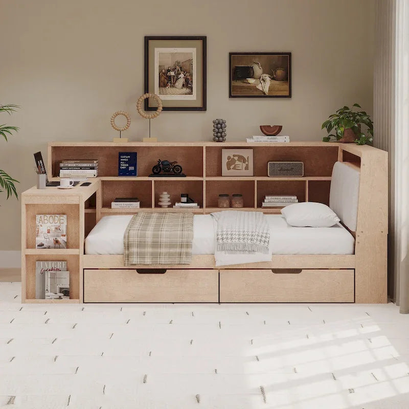 Divano letto in legno a forma di L con scrivania, libreria, letto angolare con cassetti sottoletto, testiera imbottita con luce integrata