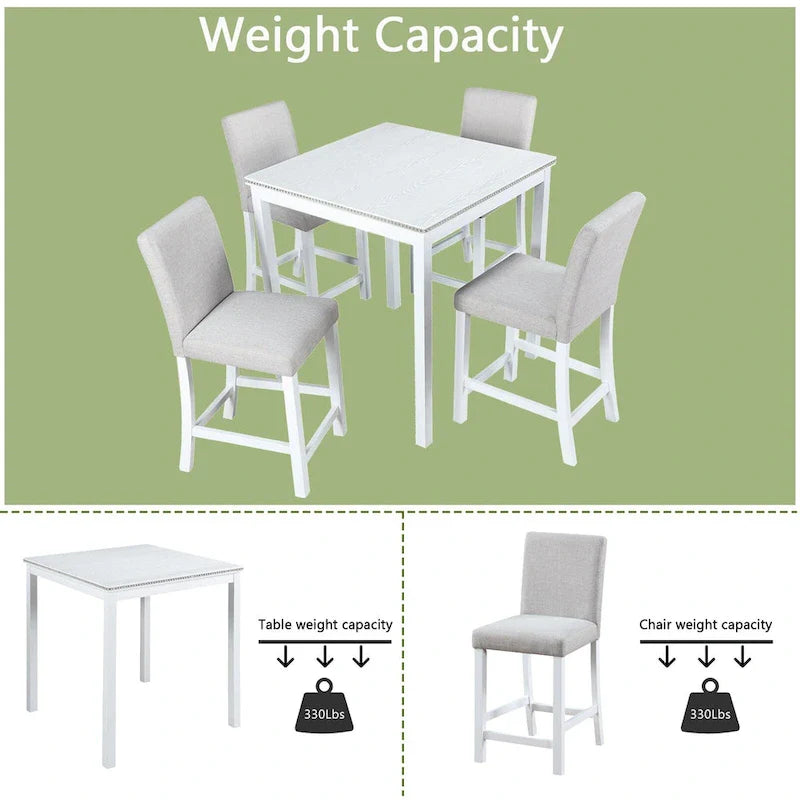 Set da pranzo moderno da 5 pezzi con tavolo quadrato ad altezza bancone e 4 sedie imbottite