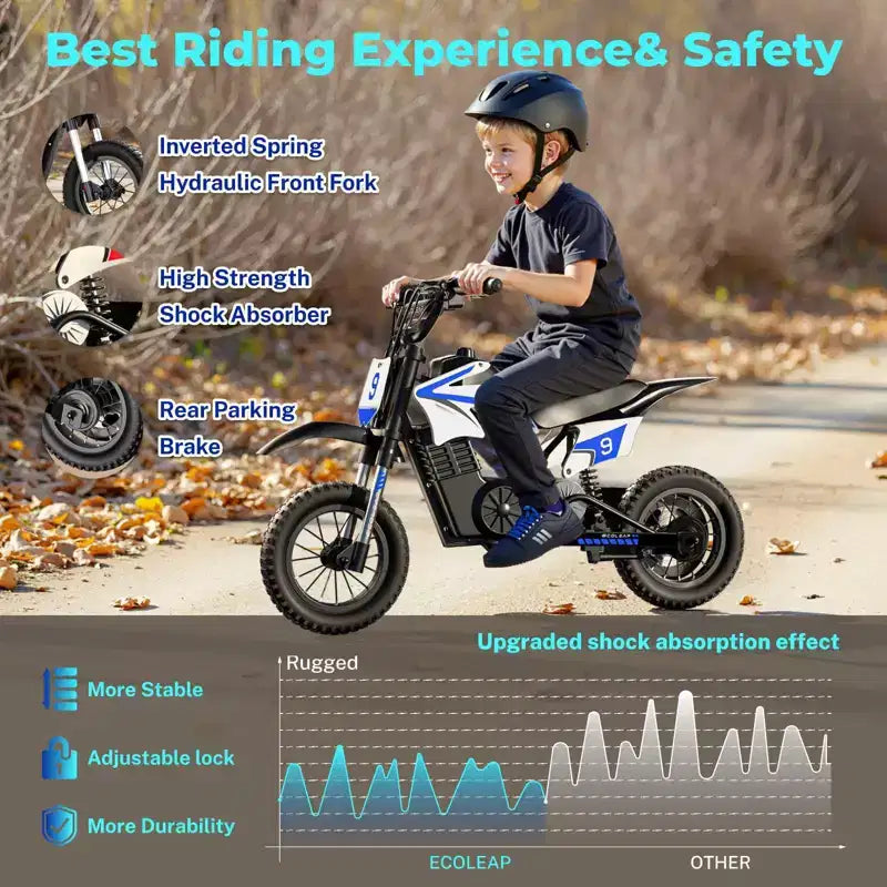 ECOLEAP K1 elektrische crossmotor voor kinderen, 36 V, snel tot 16 MPH, bereik van 14 mijl, piekvermogen van 700 W, 3 snelheidsstanden, 12 terreinbanden, UL, voor 3-10 jaar