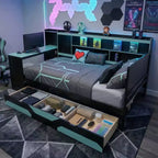 Κρεβάτι ημέρας Gamer Hub με γραφείο, φωτισμό RGB, σταθμό φόρτισης, συρτάρια αποθήκευσης και κεφαλάρι-βιβλιοθήκη