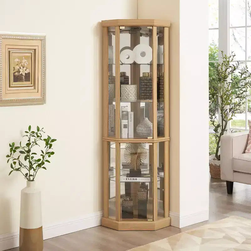Eck-Vitrinenschrank mit Glastüren und Einlegeböden, Eckvitrine für das Wohnzimmer