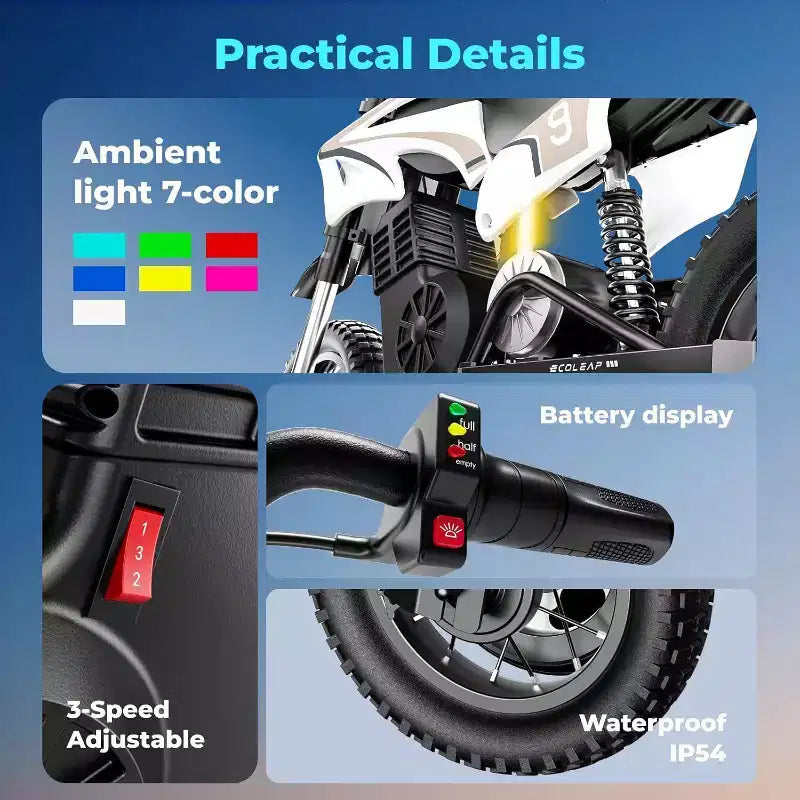 ECOLEAP K1 elektrische crossmotor voor kinderen, 36 V, snel tot 16 MPH, bereik van 14 mijl, piekvermogen van 700 W, 3 snelheidsstanden, 12 terreinbanden, UL, voor 3-10 jaar