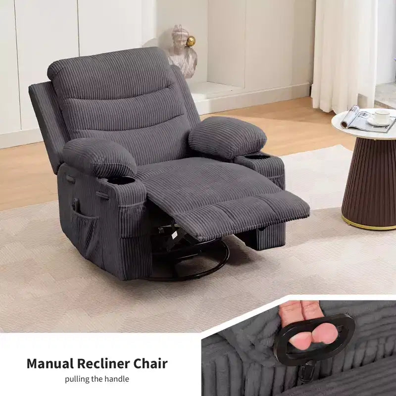 Poltrona reclinabile a dondolo girevole a 360° oversize con massaggio e calore - sedia lounge ergonomica con portabicchieri e tasche laterali per soggiorno e cameretta