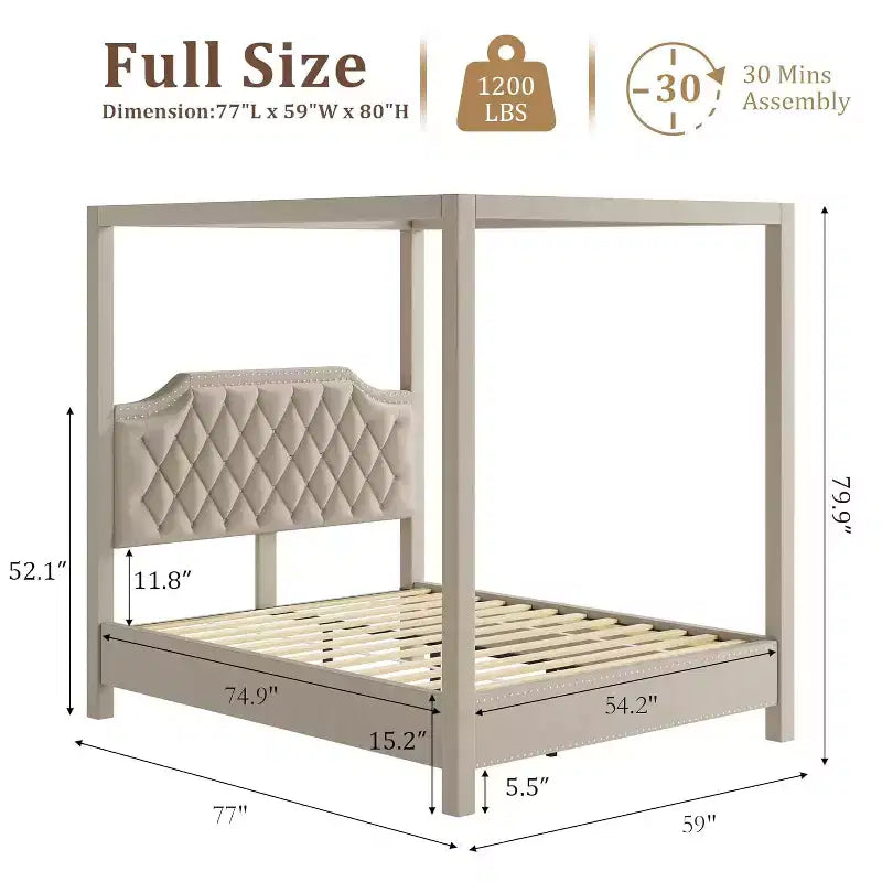 Hemelbedframe voor queensize bed met palen, hoekbeugels voor 4 hoeken, ondersteuning met latten van massief hout, geen boxspring nodig, geluidloos