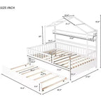 Acekool Hausbettgestell in Full-Größe mit ausziehbarem Twin-Bett, Schubladen und Regalen, Dach und Zaun, Kinderplattformbett, Weiß