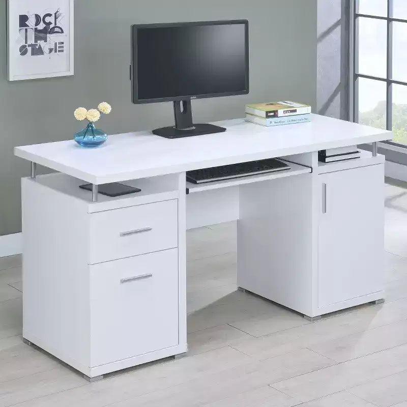 Scrivania in legno TUYOHW 55, scrivania per computer da ufficio con 2 cassetti, 1 armadietto, 1 ripiano aperto e 1 anta, scrivania da lavoro per ufficio domestico, studio e piccoli spazi