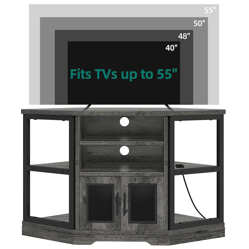 Mobile TV angolare in stile farmhouse, centro d'intrattenimento e consolle multimediale per TV fino a 55" con presa di corrente