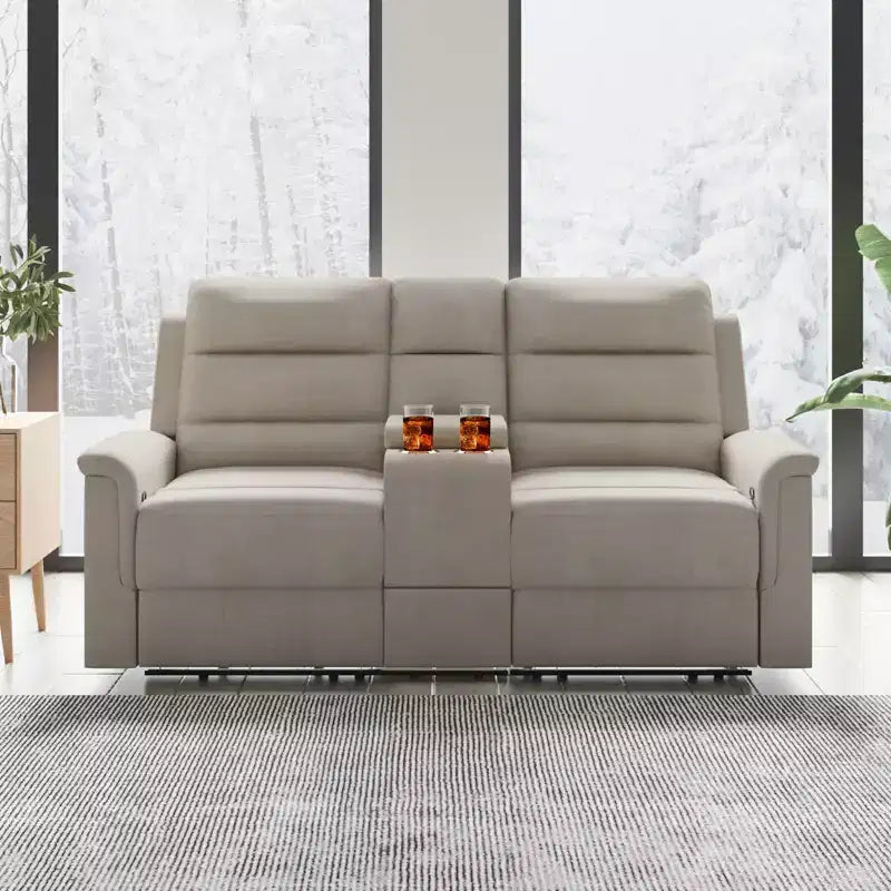 Divanetto reclinabile in tessuto tecnico beige/grigio, 2 posti, con schienale e poggiapiedi regolabili