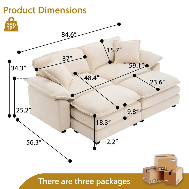 2-zitsbank met 2 kussens, 2 sierkussens en 2 poefs, comfortabele bank - diepe modulaire bank voor de woonkamer