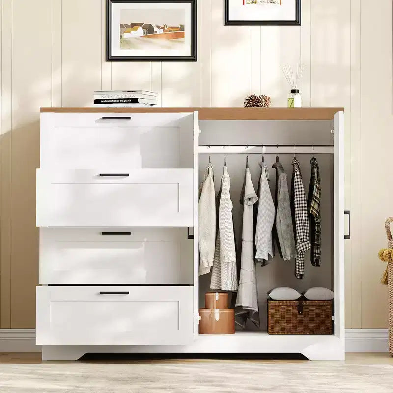 43,3 Zoll hoher Kleiderschrank aus Holz mit 4 Schubladen und Kleiderstange, multifunktionaler Aufbewahrungsschrank und Kommode für Kleidung im Schlafzimmer