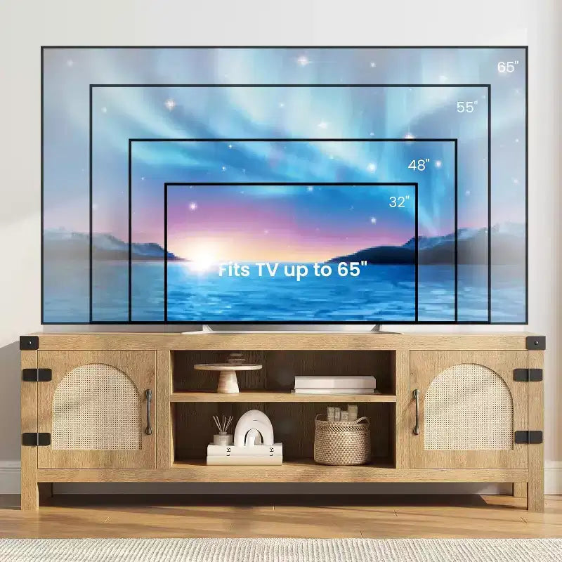Mobile TV in stile boho da 65 pollici con anta in vimini - Centro di intrattenimento in legno con due armadietti e ripiani regolabili, adatto ai soggiorni