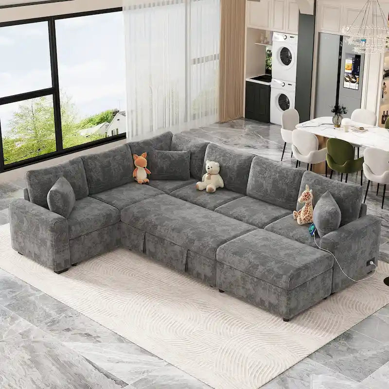 Divano componibile in ciniglia trasformabile in divano letto estraibile, divano letto ad angolo a L con pouf contenitore, 3 cuscini e dispositivi di ricarica