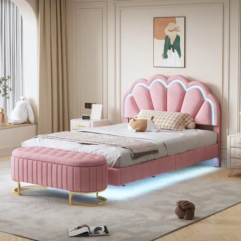 Sett tas-sodda 2-biċċiet b'sodda platforma doppja LED u pouf għall-ħażna