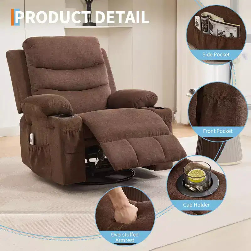 Poltrona reclinabile a dondolo girevole a 360° oversize con massaggio e calore - sedia lounge ergonomica con portabicchieri e tasche laterali per soggiorno e cameretta