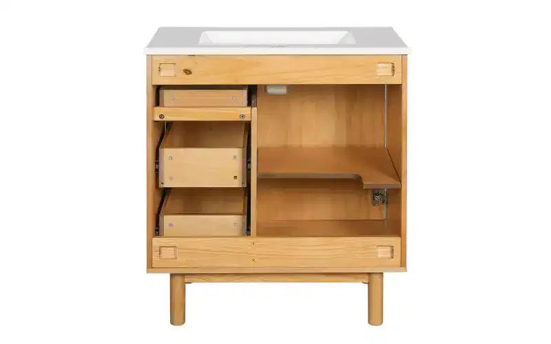 JVNOXK 76 cm rustikaler moderner Waschtischunterschrank aus Keramik mit 3 Schubladen und 1 großen Soft-Close-Tür, Aufbewahrungsschrank, natürliche Holzmaserung