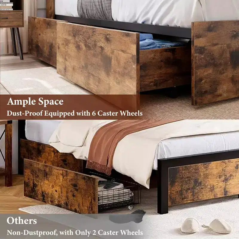 Qafas ta’ sodda Full b’headboard għall-ħażna, qafas tas-sodda tal-injam b’4 kxaxen, librerija għall-ħażna u sodda b’pjattaforma ta’ daqs King b’appoġġ qawwi tal-metall