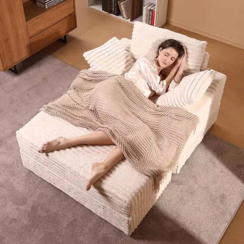 Pultruna chaise longue kbira għall-użu fuq ġewwa b’ottoman għall-ħażna, sufan sodda miksija bil-korduroj, Cloud Couch, bi 3 mħaded, pultruna sufan waħda għall-irqad