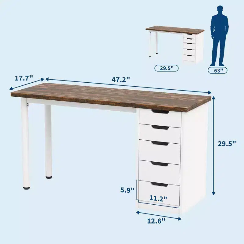 Computerbureau van 47 inch met 5 opbergladen, omkeerbare moderne rustieke studie- en schrijftafel, thuiswerkplek voor kleine ruimtes