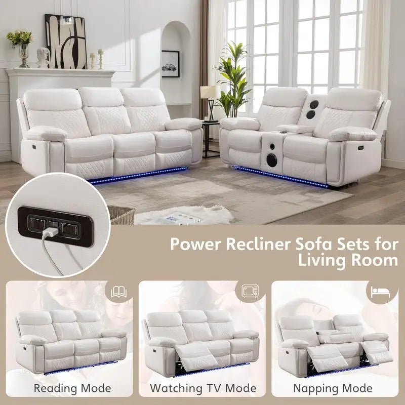 Elektrisch verstellbares Sofa mit kabellosem Ladegerät, Leselicht, LED-Beleuchtung für das Wohnzimmer, Kunstleder, AC-/USB-Anschluss, Getränkehalter, Schwarz