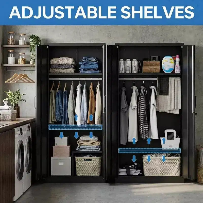 183 cm hoher Kleiderschrank mit Schloss, schwarze Metall-Garageschränke mit verstellbaren Regalböden und Kleiderstange, Metallschrank zur Aufbewahrung für Zuhause und Schlafzimmer